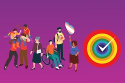 Group of diverse cartoon LGBTQ+ people with the Rainbow Tick logo, featuring concentric coloured stripes with a white tick