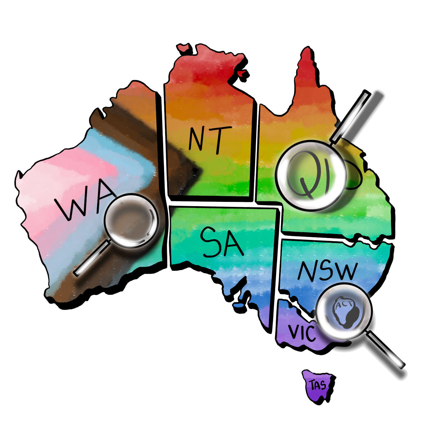 Hand-lettered map of Australia painted with the progress pride flag, with the states slightly separated and magnifiying glasses over sections of the map