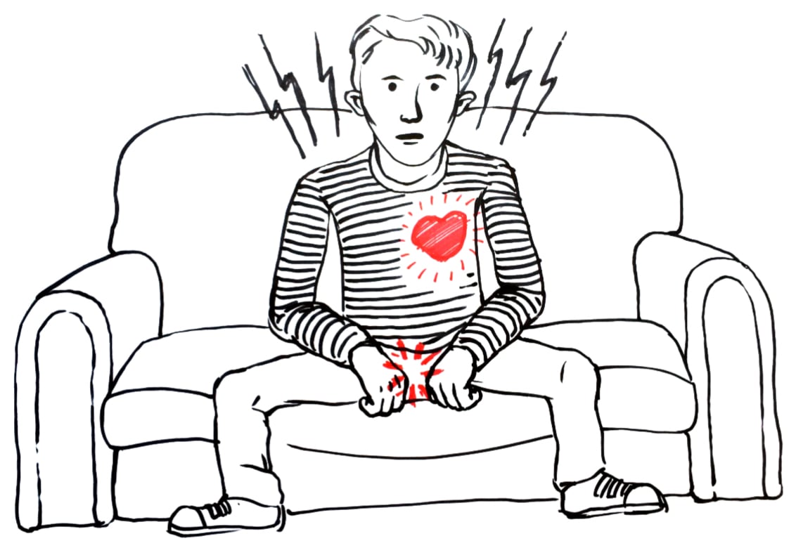 Line drawing of a masc person on a sofa, surrounded by lightning bolt lines, with a red star on their pants and a red heart on their chest