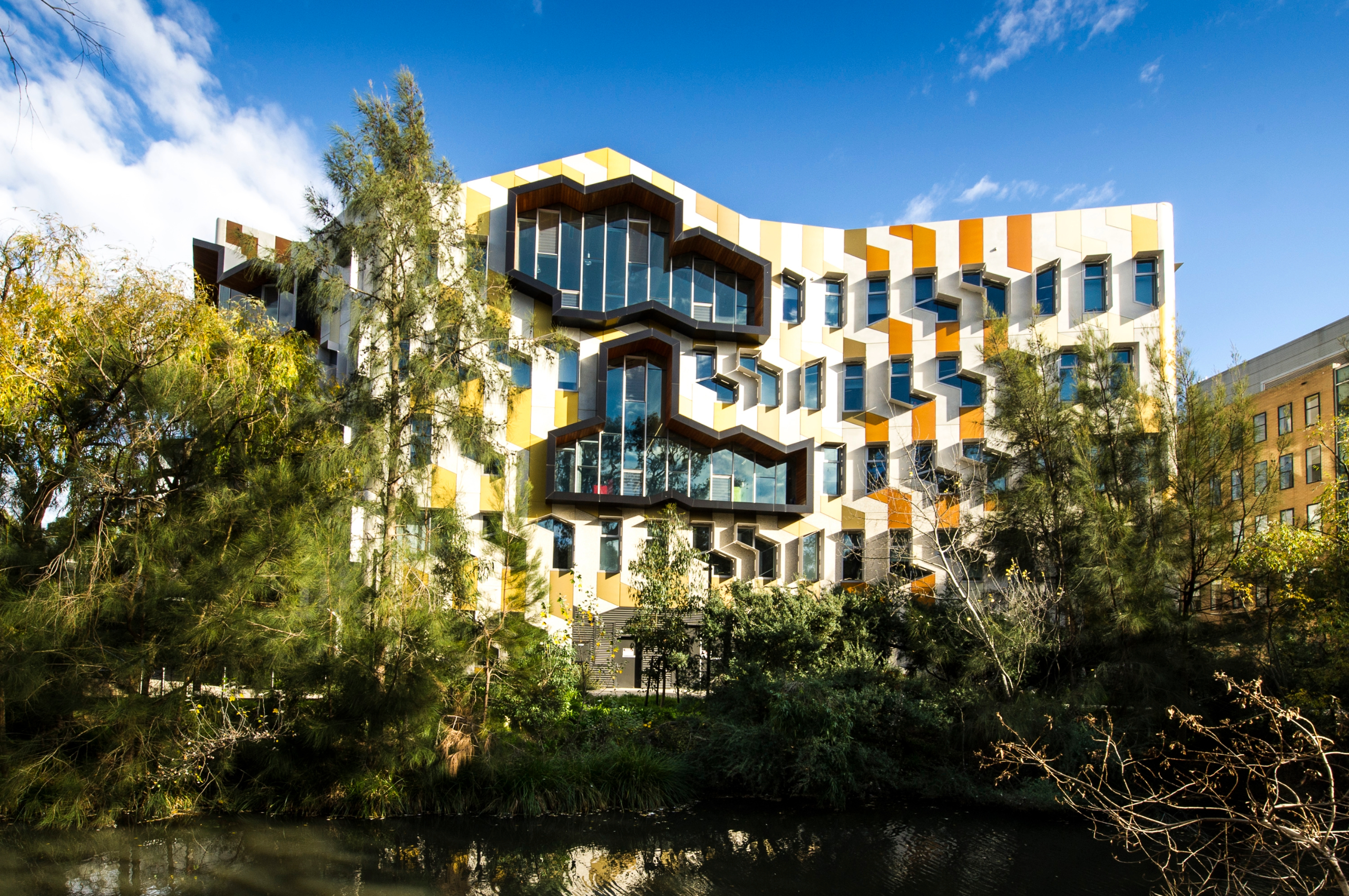 Exterior view of the Sylvia Walton Building overlooking the moat.