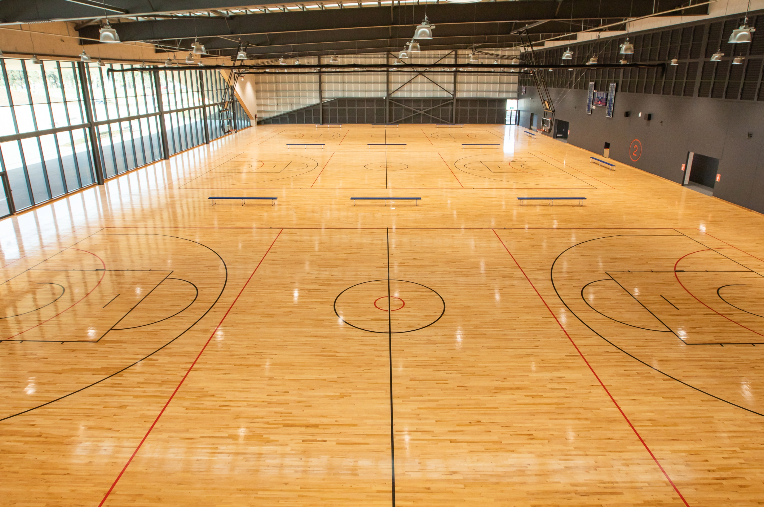 View of the indoor basketball court at the La Trobe Sports Stadium.