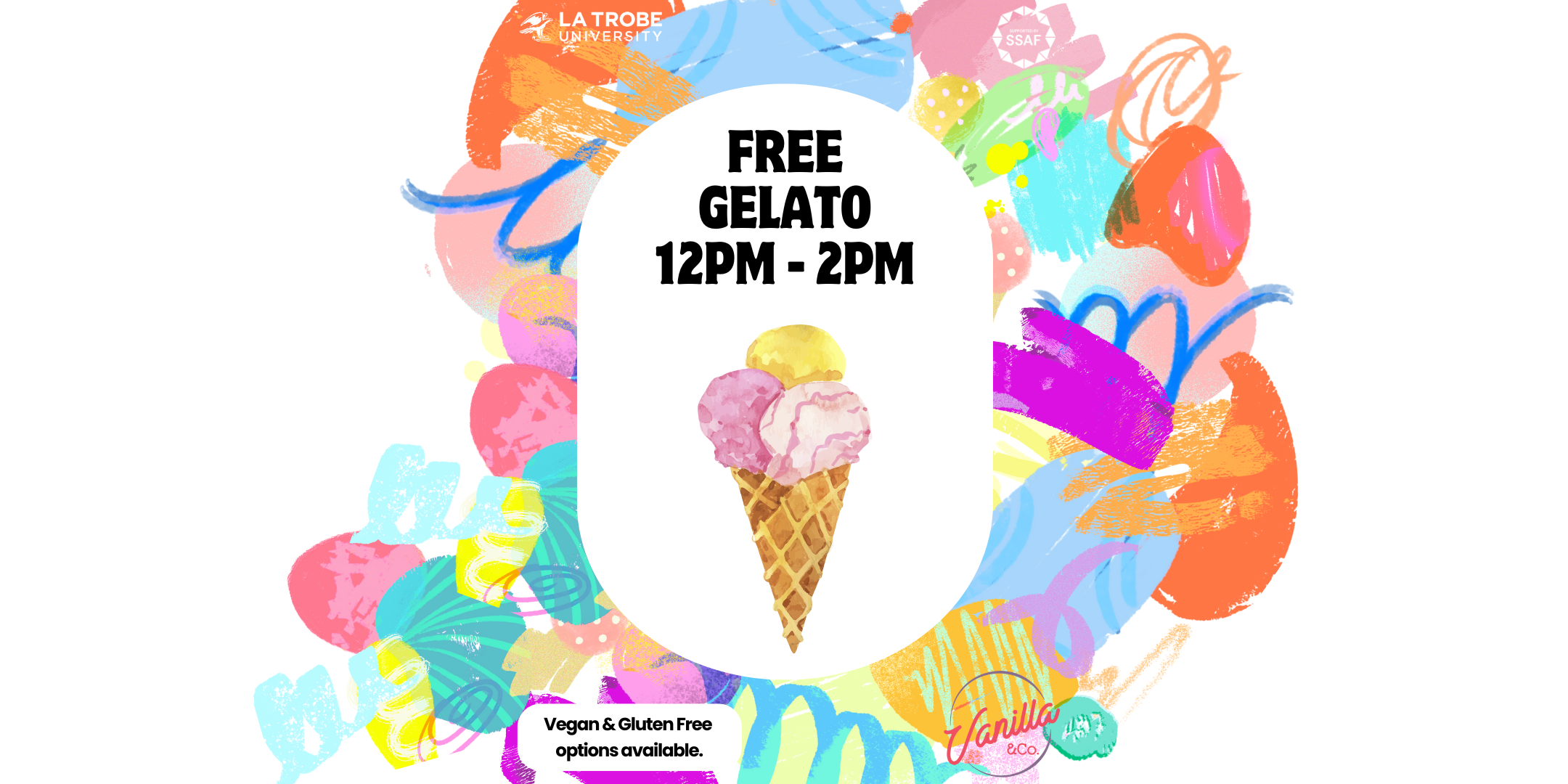 Graphic with 'Free gelato 12pm to 2pm' written above an ice cream illustration