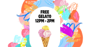 Graphic with 'Free gelato 12pm to 2pm' written above an ice cream illustration