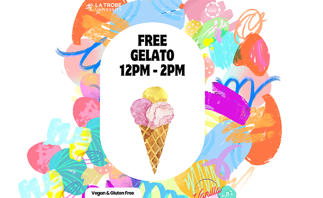 Graphic with 'Free gelato 12pm to 2pm' written above an ice cream illustration