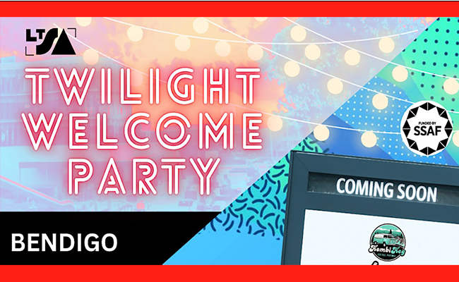 Graphic with Twilight welcome party Bendigo written across it