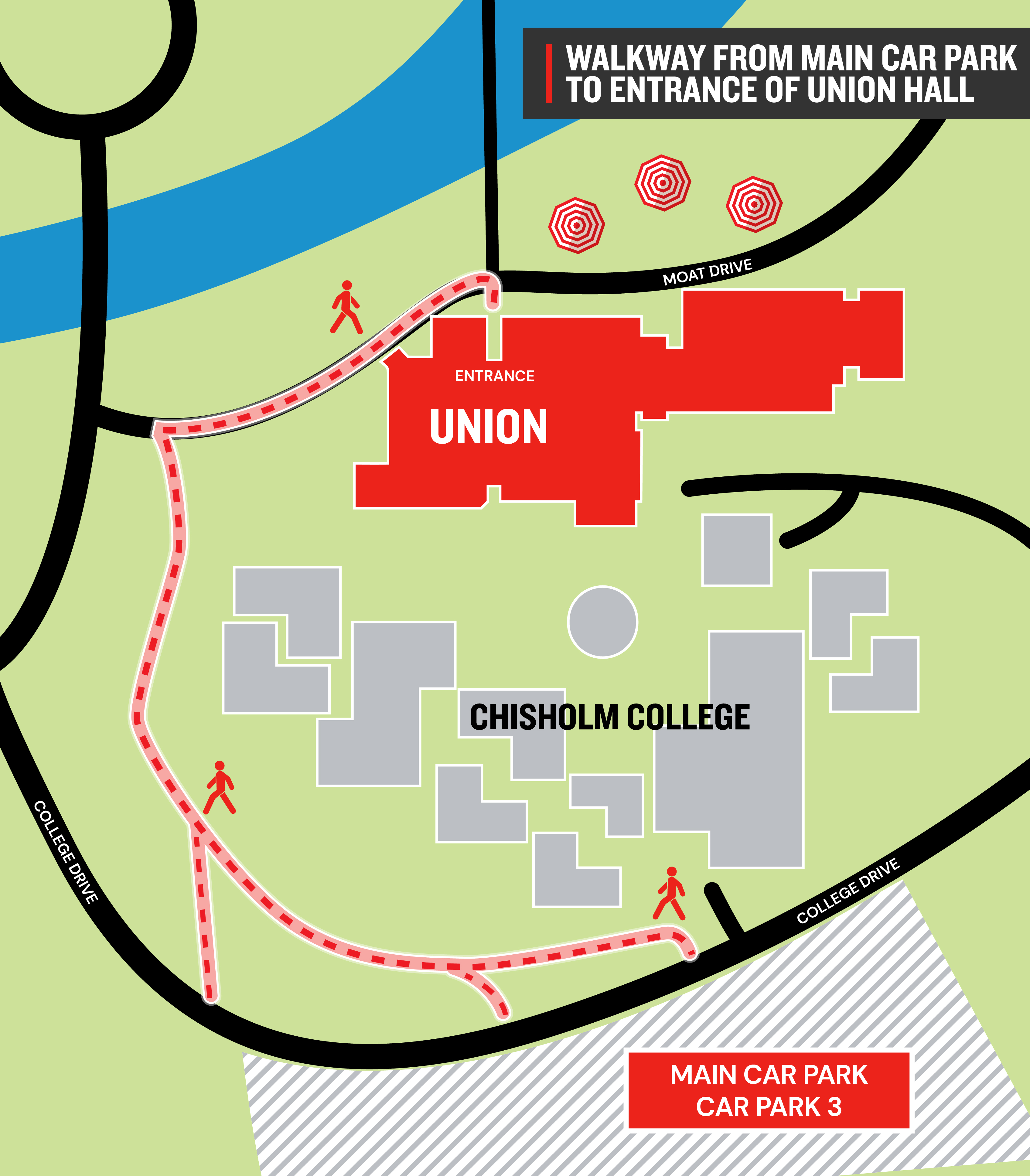 Illustrated map of directions to graduation ceremony from carpark 3